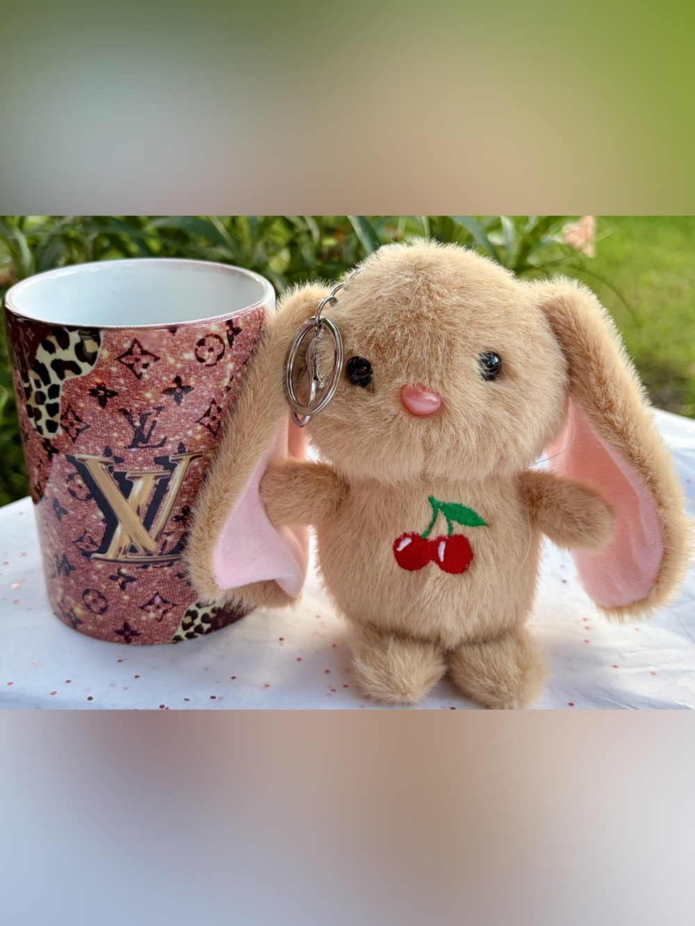 NEW LARGE Plush Bunny Keychain, Backpack Charm, Bag Charm w/Cherry Embroidery